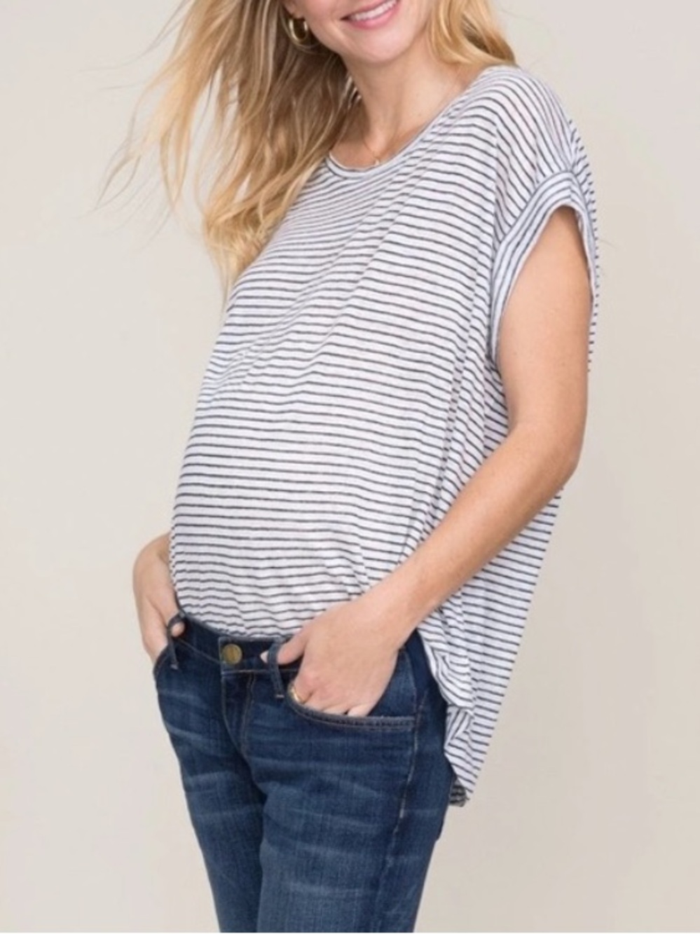HATCH the linen circle tee 2 striped cuffed sleeves maternity postpartum summer - Picture 9 of 9